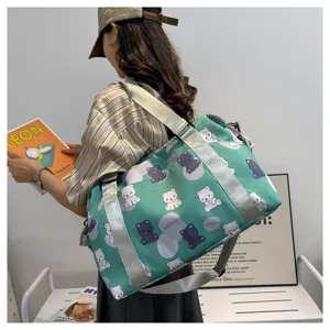 Cute cartoon bear print travel bag with spacious capacity, wide strap, and stylish design.