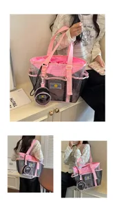 Fashion mesh tote bag, black and pink beach travel shoulder bag with small pouch for gym.