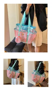 Detail shot of pink and blue mesh tote bag with detachable round pouch for beach and fitness.