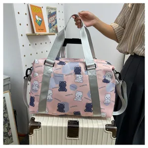 Cute pink bear print travel duffel bag stylish casual shoulder boarding luggage bag for women.