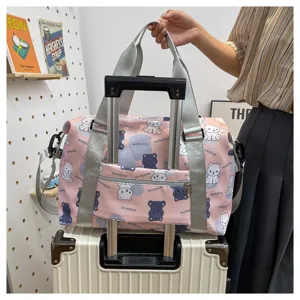 Pink cute bear print travel duffel bag with luggage sleeve, casual overnight weekender bag.
