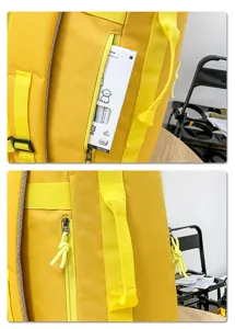 Detailed view of yellow travel backpack pocket and zipper design with durable fabric and straps.
