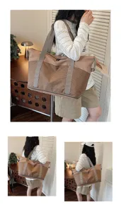 Large capacity expandable travel bag detail view, stylish brown tote duffel for fitness trips.
