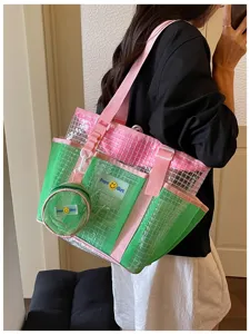 Transparent mesh tote bag, colorful shoulder beach bag, fashion travel storage bag.