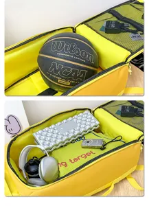 Yellow travel backpack detail showing large capacity storage, luggage sleeve and compartments.