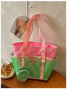 Fashion mesh beach tote bag with cute pouch, stylish shoulder bag for gym swimming travel.