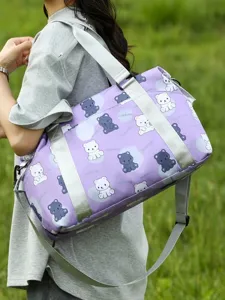 Waterproof Oxford Cloth Travel Duffel Bag With Wet Dry Separation Cute Bear Print Casual Shoulder Luggage Bag For Unisex