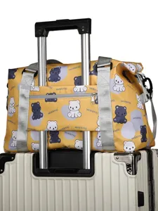 Cute bear print travel duffel bag with trolley sleeve for short trips and boarding use