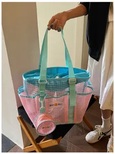 Mesh beach tote bag, stylish travel storage bag for swimming, fitness, and sports.