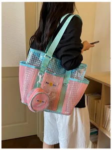 Fashionable mesh travel tote bag, clear grid shoulder bag, fitness sports storage bag.