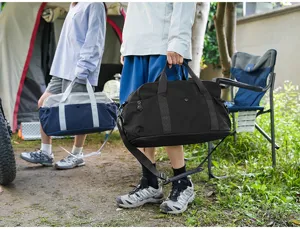 Detailed view of the stylish colorblock travel duffel bag, perfect for outdoor camping and short trips.