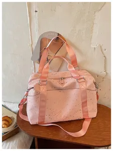 Pink star print travel duffel bag with shoulder strap for weekend trip yoga gym commute