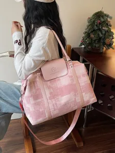 Pink oil painting print travel duffel bag, versatile shoulder and crossbody bag for commuting and fitness.