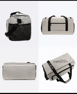 Light gray travel duffel bag multi-angle detail view large capacity gym sports luggage bag