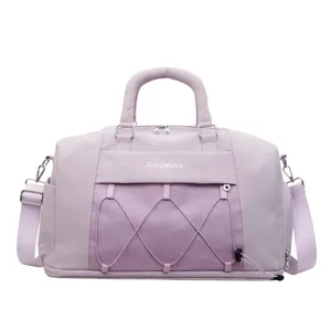 Purple travel duffel bag for gym and fitness with dry-wet separation and mesh front pocket.