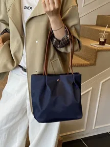 Solid color nylon tote bag for women casual daily commuting shoulder handbag with brown handles