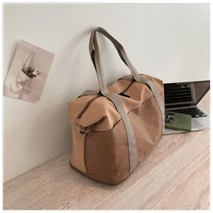 Large capacity travel duffel bag, fashionable grid tote gym bag for women and men board.