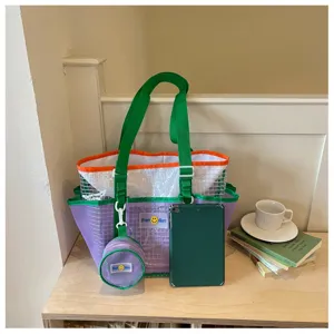 Fashion mesh tote bag with small coin purse, clear beach storage bag for swimming and travel.