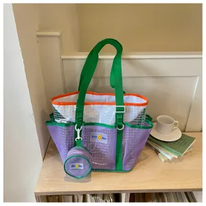 Mesh beach tote bag, stylish purple and green travel storage bag for swimming, gym and fitness.