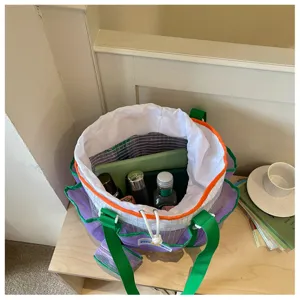 Stylish mesh tote bag, colorful beach shoulder storage bag for fitness swimming and travel use.
