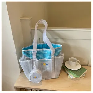 Multi-functional mesh beach bag with zipper pouch, lightweight travel tote for gym and swimming.