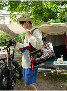 Outdoor travel tote bag with colorful drawstrings, lightweight and spacious design for sport.