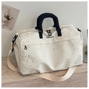 Travel duffel bag detail, large capacity gym sport handbag with star print, stylish.