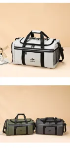 Detailed view of large capacity waterproof travel duffel bag with colors and pockets.