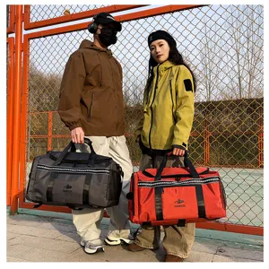 Detail shot of large capacity waterproof travel duffel bag with handles and straps for sports.