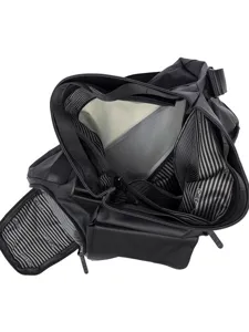 Black multi-functional travel shoulder bag with large capacity and multiple internal compartments.