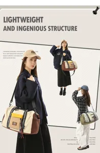 Detail view of large capacity travel duffel bag showing multiple compartments and pockets.