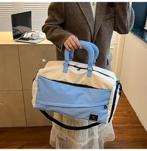 Colorblock travel duffel bag soft cotton handbag for business commute gym outdoor sports shoulder