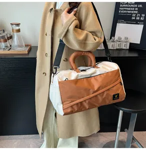 Color-blocked short travel duffel bag, soft cotton handbag, commuter shoulder fitness bag.
