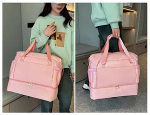 Pink travel duffel bag large capacity fitness gym bag with independent shoe compartment detail.
