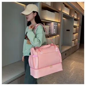 Large capacity pink travel duffel bag, waterproof fitness gym bag with shoes compartment.