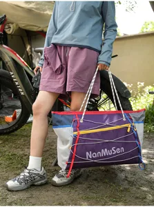 Outdoor drawstring travel bag, lightweight mesh sports gym bag for fitness and hiking.