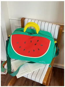 Dettaglio borsa da viaggio design anguria carina, grande borsa a tracolla in tela per yoga e palestra.