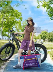 Outdoor cycling travel bag detail, multi-color tote with drawstring and mesh pockets.