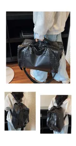 Borsa da viaggio in pelle intrecciata nera con spallacci multifunzionali per zaino.