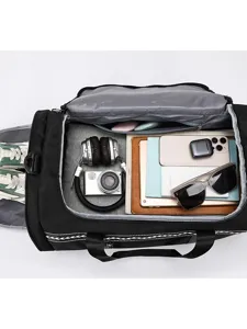 Large capacity black travel duffel bag with separate shoe compartment for gym and sports.