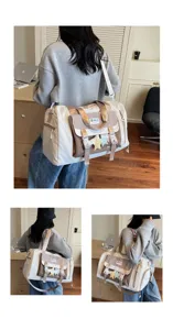 Korean style large capacity color block travel duffel bag shoulder bag with star pendants