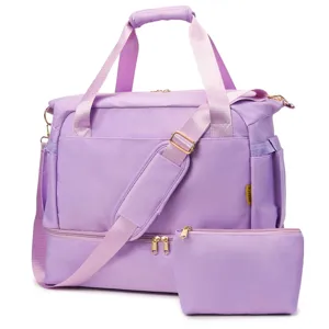 Purple travel duffel bag with matching pouch, large capacity gym weekend shoulder bag for women.