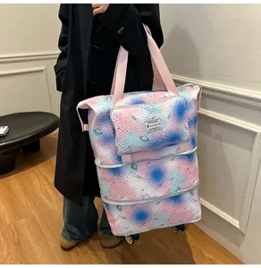 Expandable travel tote bag with universal wheels, large capacity cosmic printed luggage bag.