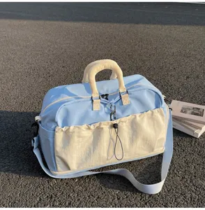Grosse Reisetasche Damen Weekender Handgepäck Sporttasche mit Schultergurt blau beige.