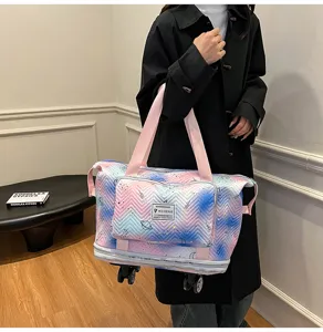 Rollable expandable travel tote bag for women with stylish print, large capacity travel.