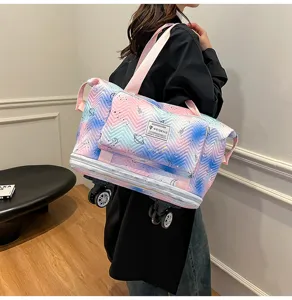 Gradient print travel tote bag with universal wheels, large capacity expandable design for women.