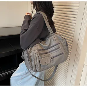 Distressed grey multi-zipper vintage motorcycle shoulder bag for women travel daily wear