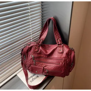Vintage wine red multi-zipper motorcycle shoulder bag, large capacity PU leather casual handbag.
