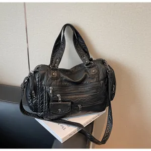 Vintage black motorcycle shoulder bag, distressed leather-look crossbody multi-zipper large purse.