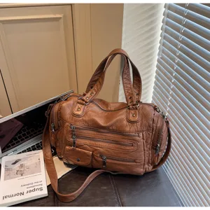 Vintage distressed multi-zipper shoulder crossbody bag, large capacity travel tote.